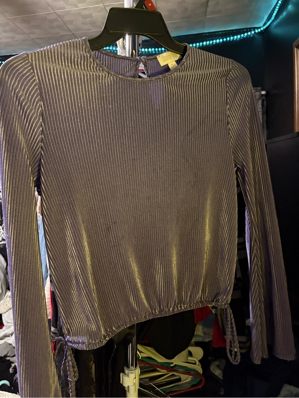 Metallic Ribbed Long-Sleeve Crop Top - Silver